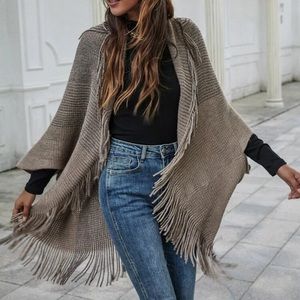 Fringe trim poncho cardigan